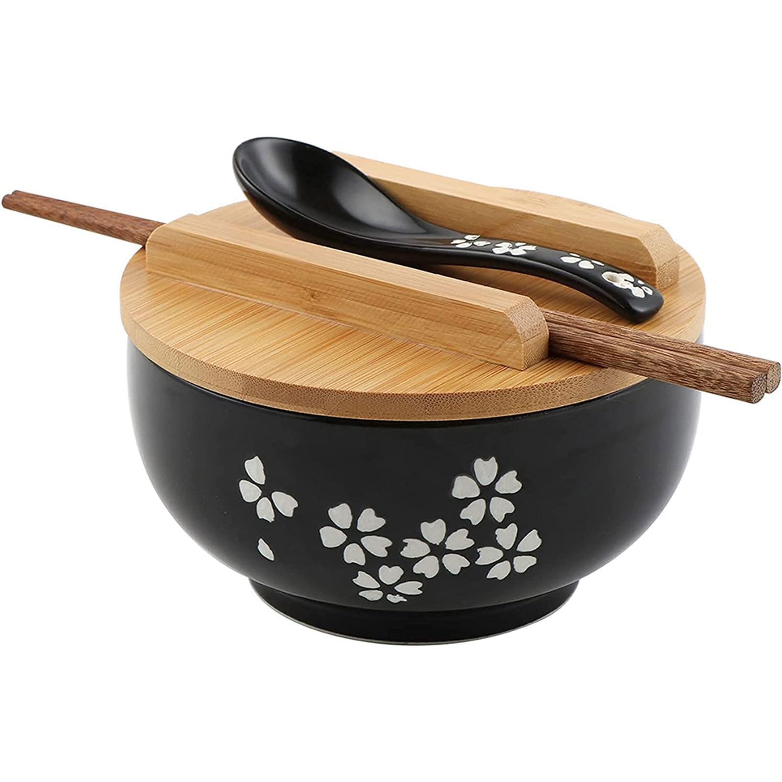 Japanese Ramen Bowl Vintage Ramen Noodles Bowl with Chopsticks and Spoon Black Ceramic Ramen Bowl Hand Drawn Rice Bowl Retro Tableware Noodle Ramen Bowl Set